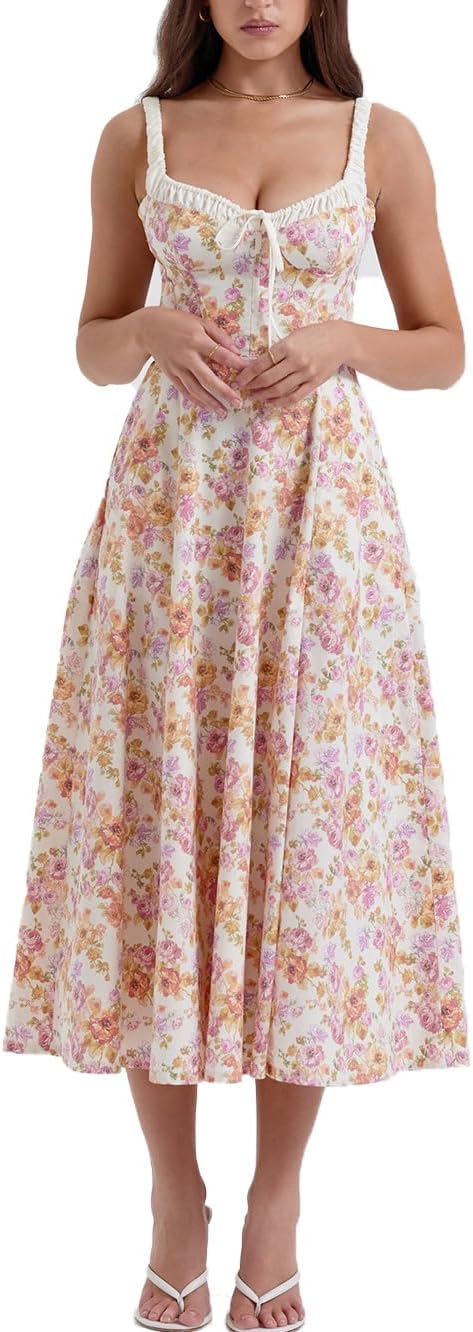 Robe Longue à Bretelles Spaghetti Pour Femme - Motif Floral Dos Nu Blanc Rose Floral 472 M  578b3959 28b3 5d8d 96ff 063e2d4dbeb6