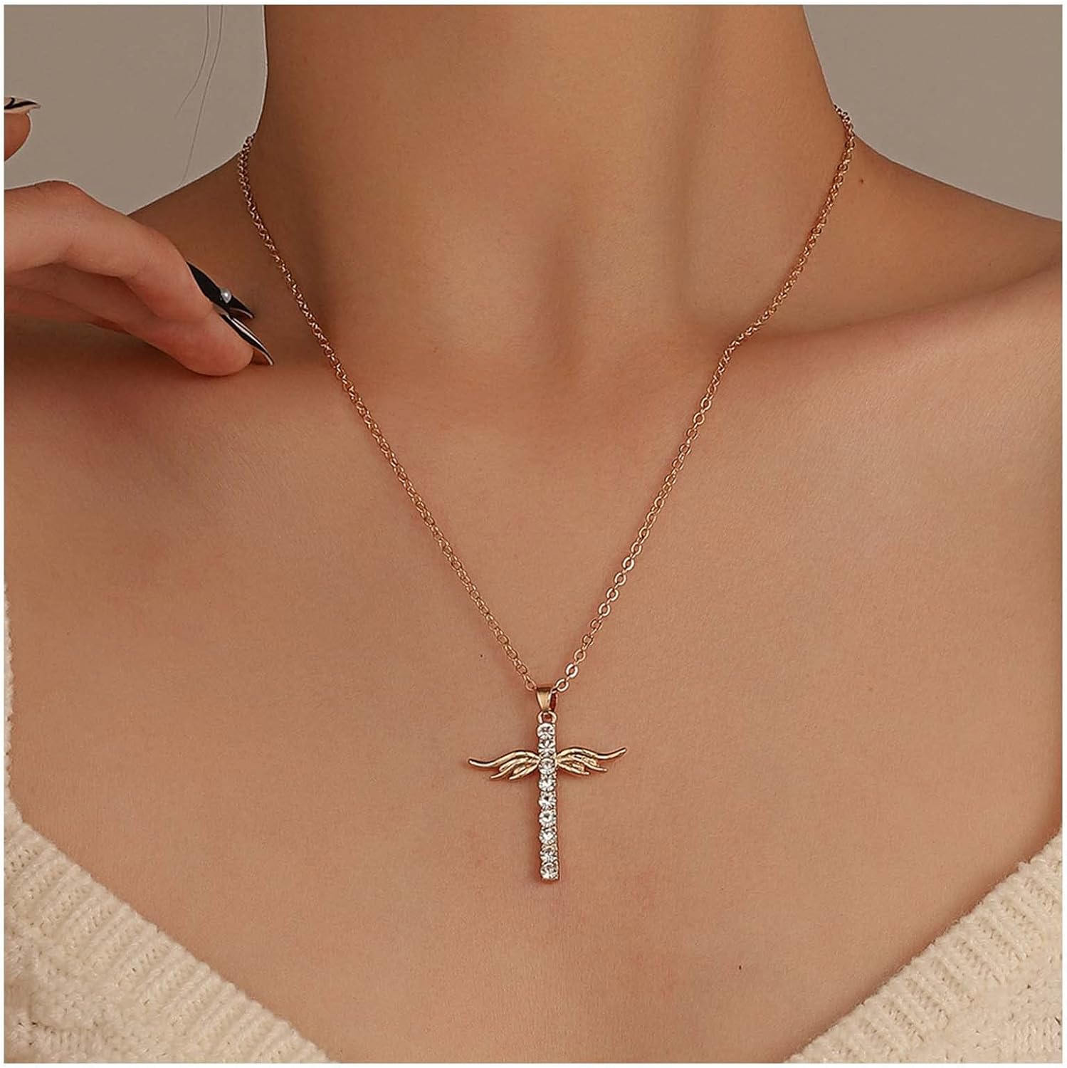 Vintage Paved Cross Necklace Choker Angel Wing Necklace Faith Cross Pendant Necklace Boho Crystal Cross Necklace Chain Jewelry for Women - Image 5
