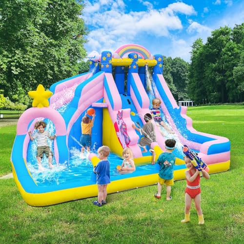 TOAOB Inflatable Water Slide: 6 in 1 Bounce House Water Park for Kids - Climbing Wall Splash Pool 2 Water Cannon 2 Slide Basketball Rim - 550W Blower - for Outdoor Backyard Birthday Party - Thumbnail 3