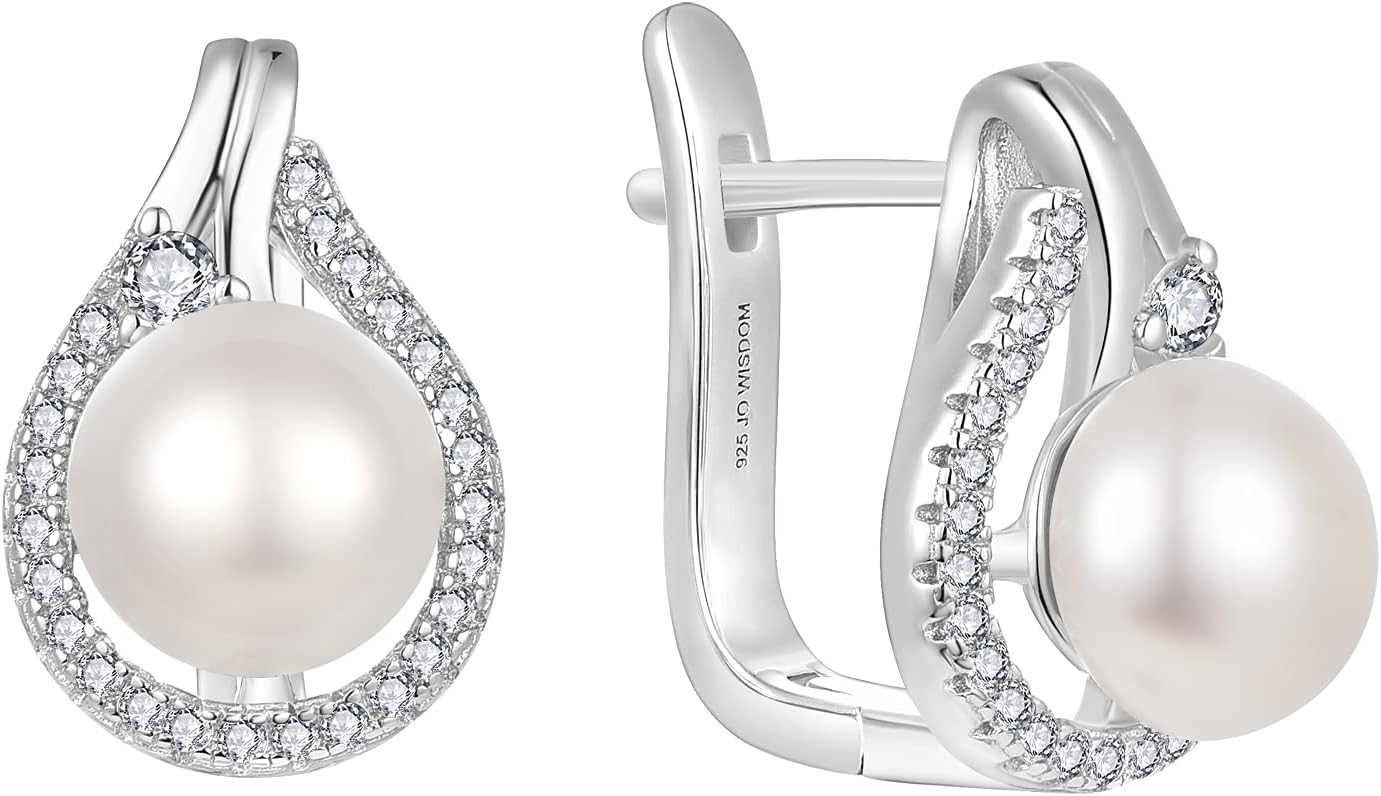JO WISDOM 925 Sterling Silver Hoop Earrings with Simulated Danlge Pearl(white/Black)