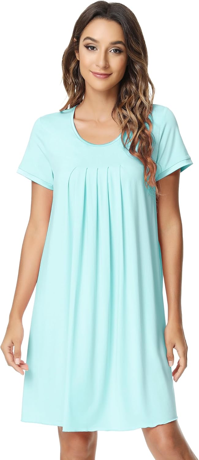 NACHILA Nightgowns for Women-Viscose Made from Bamboo, Short Sleeve Nightshirt Pleated Sleepshirts Soft Sleepwear