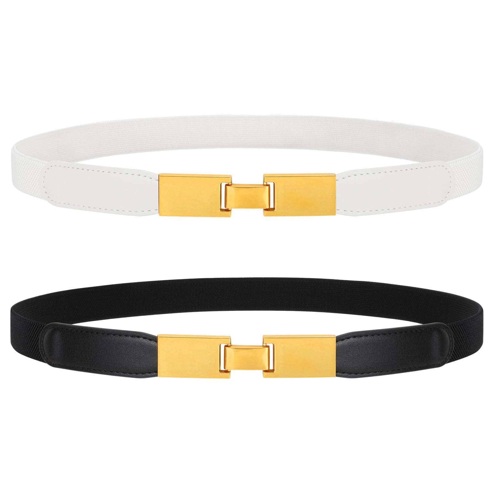 WERFORU 2 Pack Women Skinny Elastic Waist Belt Gold Silver Buckle Stretchy Thin Belt for Jeans Dress 0.98" Width
