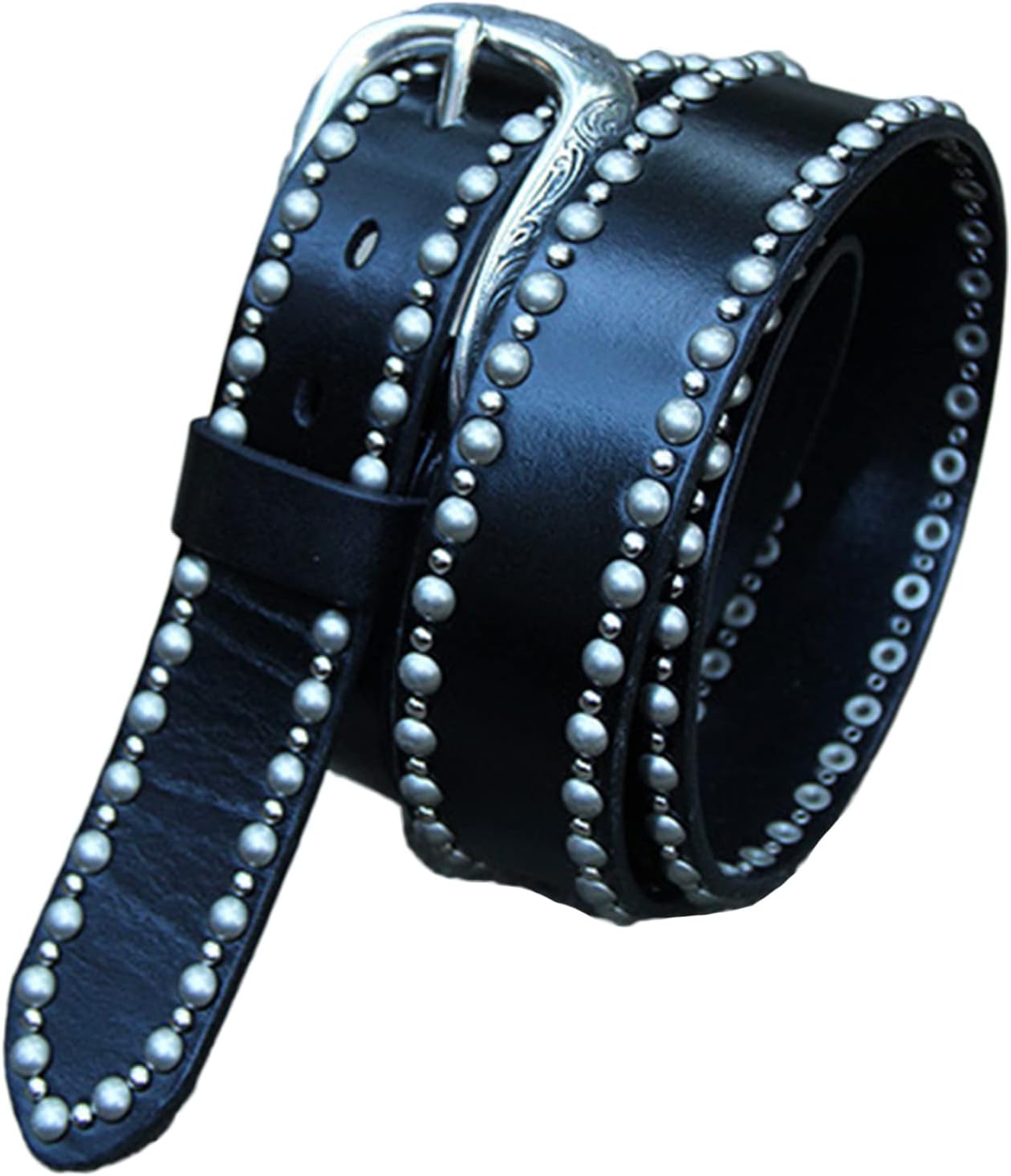 Studded Belt 2 Row Punk Rock Silver Rivet in Circular Cowhide Leather Belt with Print Flower Buckle for All Clothing(120cm/waist:41", Black)