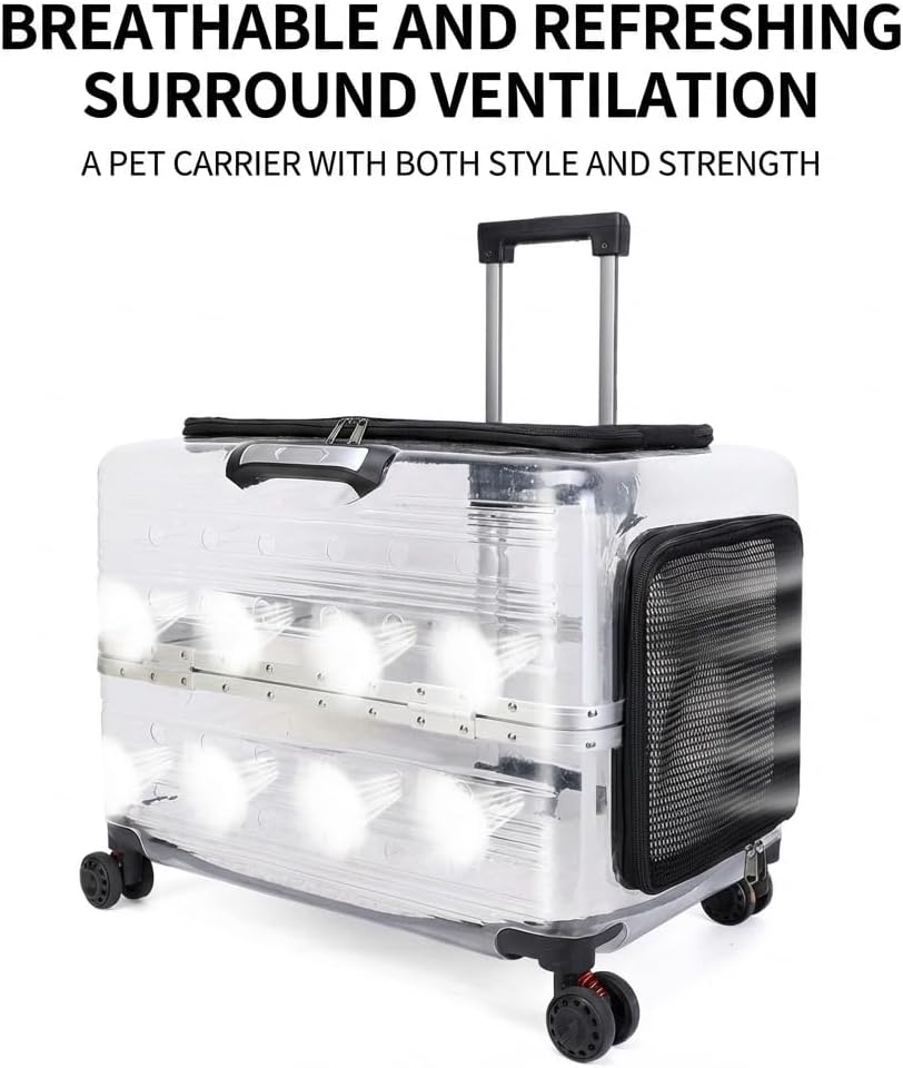 Large Capacity Transparent Pet Carrier with Wheels, Airline Approved Rolling Pet Travel Crate for Dogs & Cats, Portable Hard Shell Pet Luggage (Black)