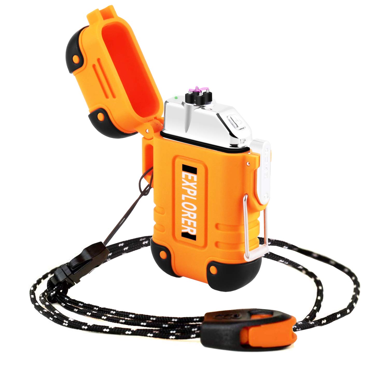 Green Vivid Waterproof Flameless Electric Dual Arc Plasma Beam Lighter - USB Rechargeable, Windproof, No Butane - Para-tinder Lanyard & Emergency Whistle - Ideal for Indoor and Outdoor (Orange)