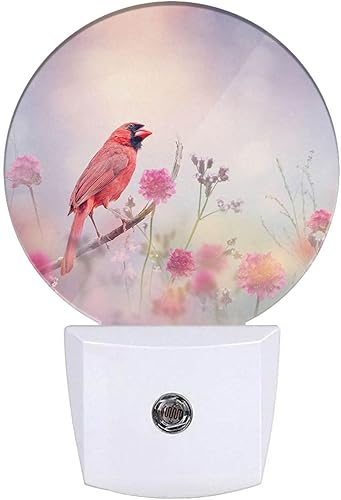 Miniatura 1 de Luces nocturnas con forma de pájaro rosa enchufables a la pared, cardenal del norte en primavera, flores de jardín, luz nocturna, sensor de