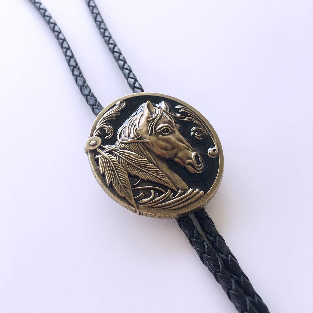 Bolo Tie for Men,Cowboy Necklace,Antique Bronze Plated Western Horse Head Oval Bolo Tie Leather