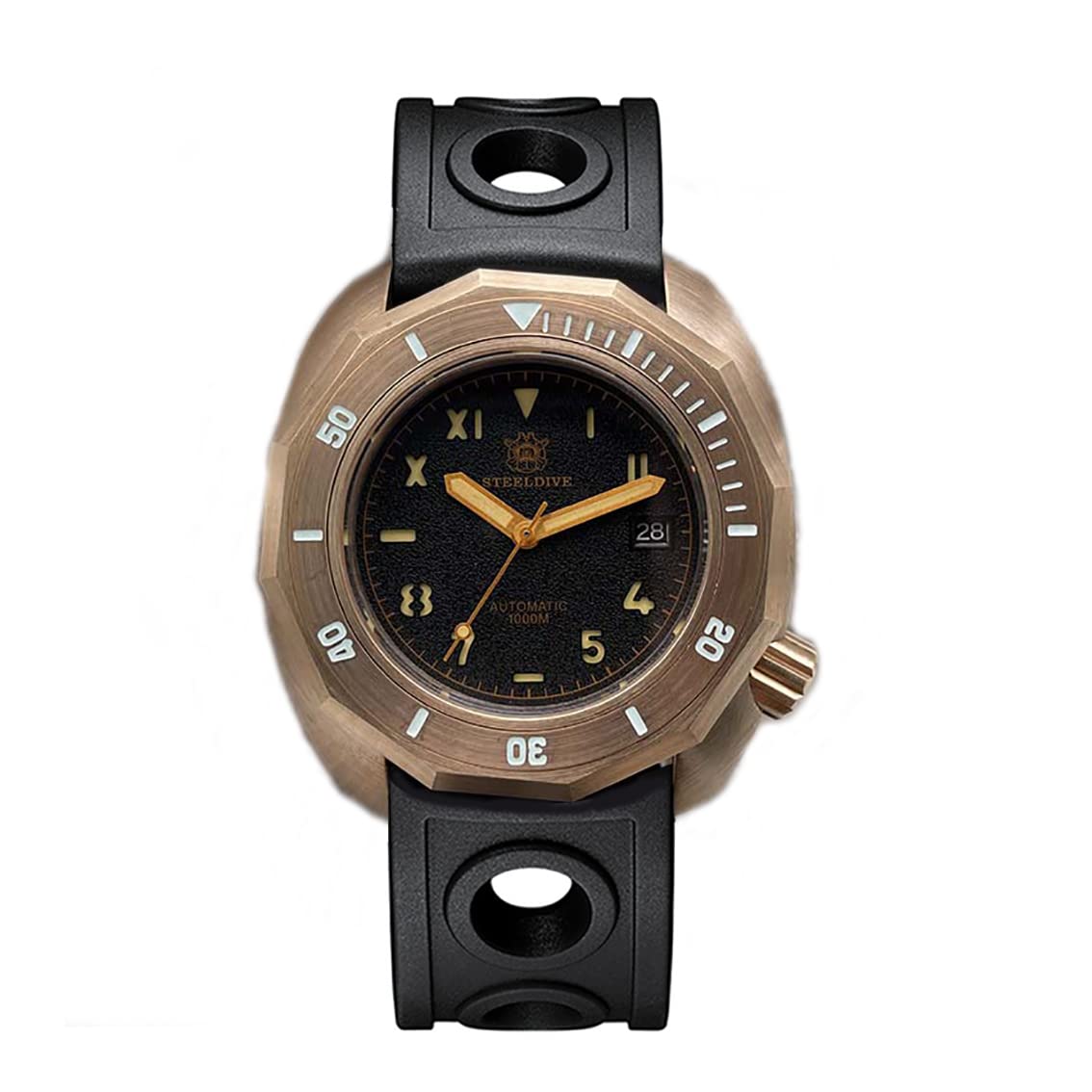 NC STEELDIVE SD1946S 44.5MM Solid Bronze Case Black Dial Men Watches Leather Strap Sapphire Glass Vintage NH35 Automatic Dive Watch Men, rubber strap, Mechanical,Dive Watch