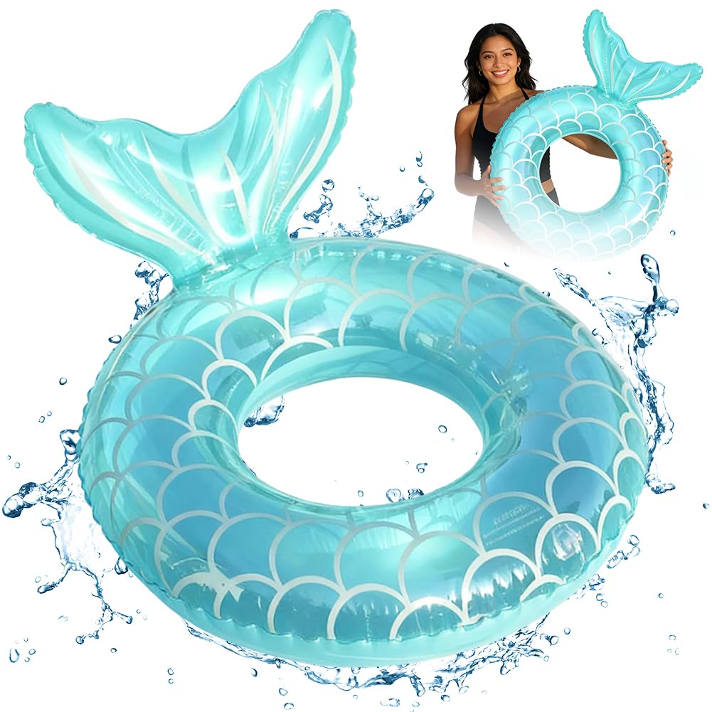 Fishtail Inflatable Swimming Rings for Adults, Mermaid Float, Pool Party Inflatable Toy, Transparent Pool Floats with Sequin, Swim Tube Pool Floaties Chair with Backrest Lake Beach Pool Toys
