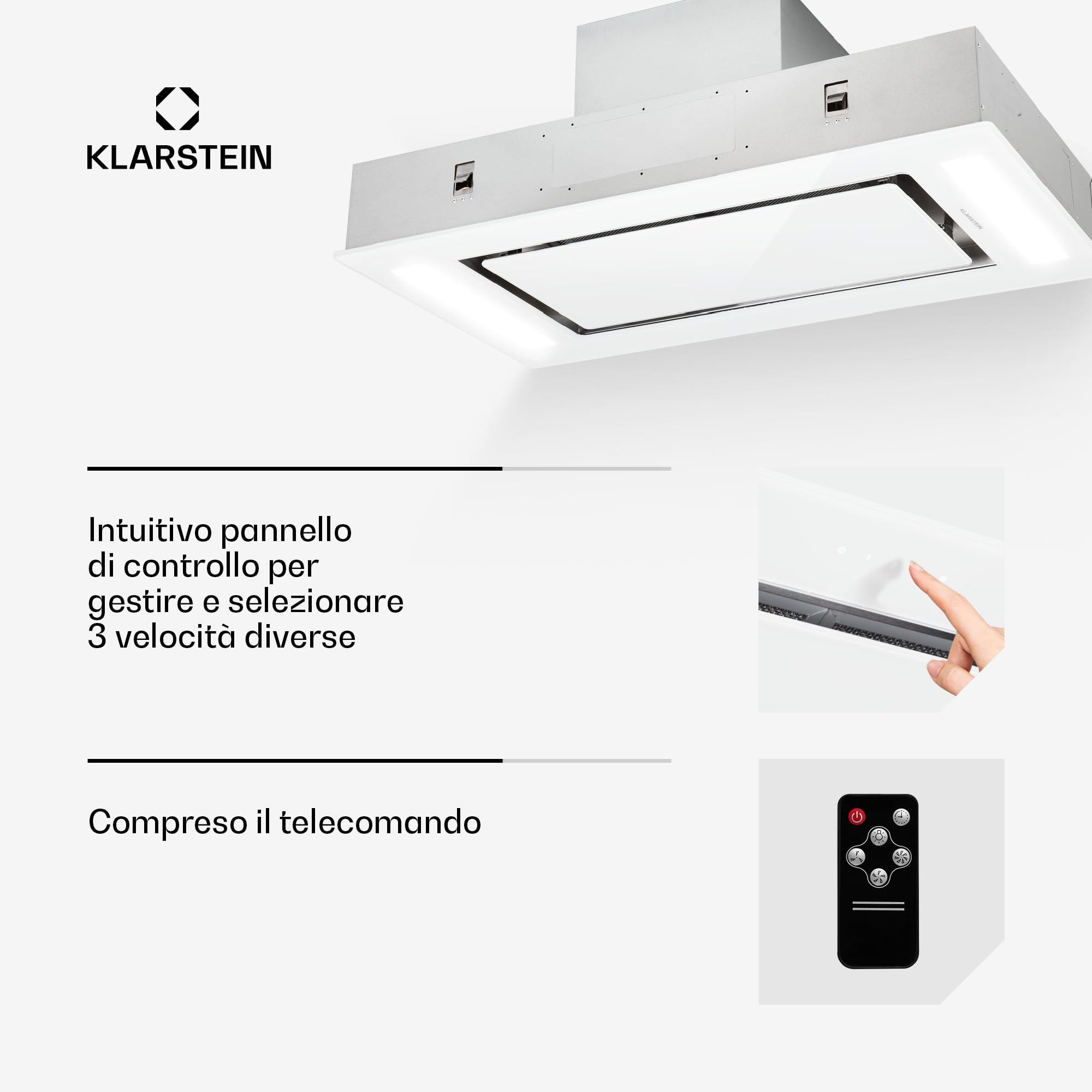 Klarstein Remy - Cappa Cucina, Cappa Aspirante ad Incasso, Controllo Touch, Cappa ad Isola, Illuminazione Piano Cottura, LED, Fino a 620 m³ / h, Telecomando, 90 cm, Bianco