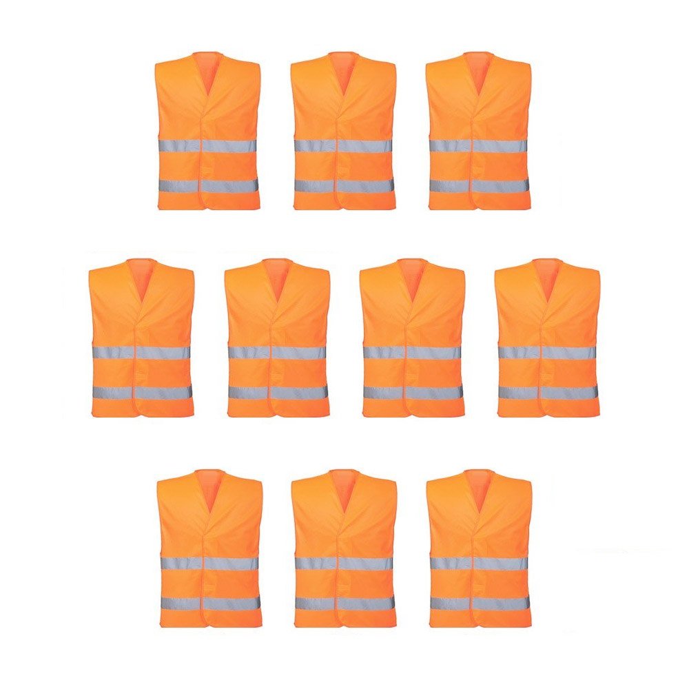 10 x Chaleco Seguridad con Bandas Reflectantes - Alta Visibilidad (Hi-Vis) - Certificación: CE ISO EN 20471 - Tallas: Adulto Hombre/Mujer (Unica) Color: Fluorescente Naranja