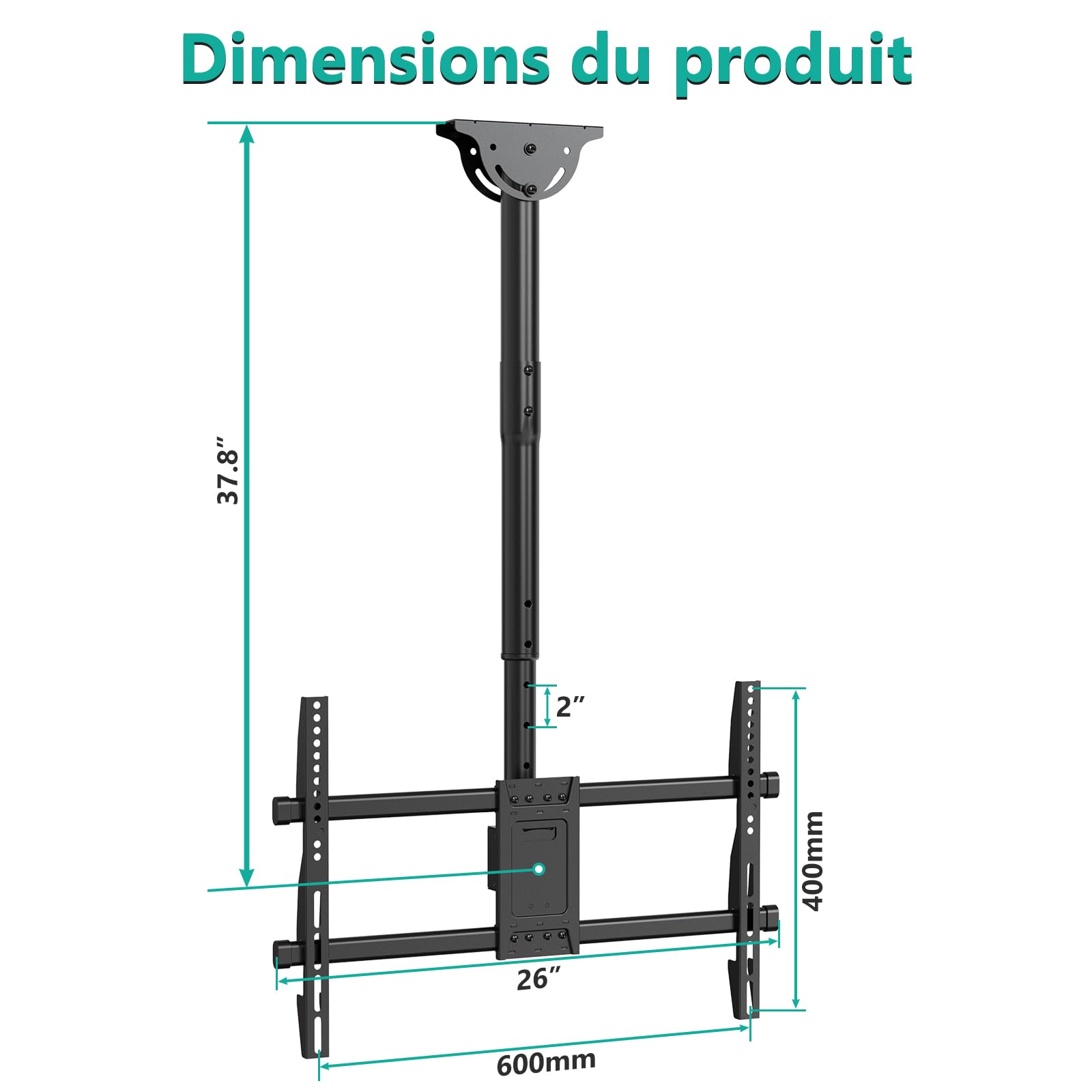WALI Support TV Plafond Réglable en Hauteur, Support TV pour LED, LCD, OLED 4K de 37 à 70 Pouces, Support Plafond pour TV à Mouvement Complet, Charge jusqu'à 50 kg, Max 600 x 400 mm (CM3770), Noir