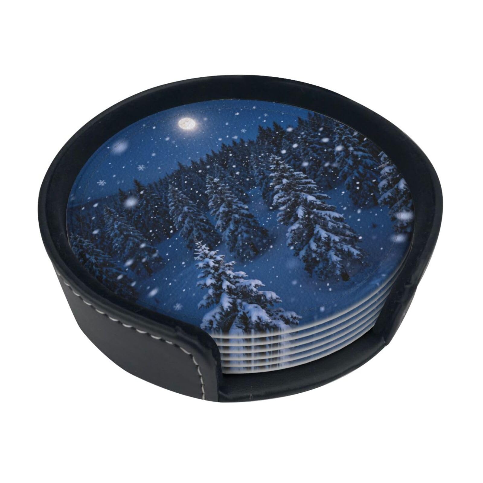 Cntdbu White Winter Snow Pine Leather Coasters Set Of 6-Pu Leather Drink Mats For Table, Heat Resistant Round Coasters With Holder