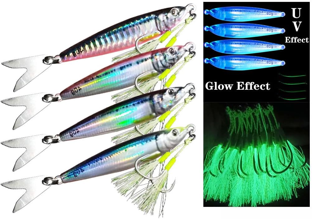 4PCS Long Cast Slow Pitch Vertical Jigs Saltwater Artificial Fishing Lure UV Glow Jig Metal Spoons Hard Jigging Bait with Glow Skirt Assist Hooks Fast Fall Jigs for Tuna Salmon Bass Kingfish