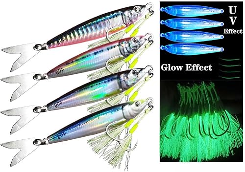 4 piezas de plantillas verticales de tono lento largo de lanzamiento lento, señuelo de pesca artificial de agua salada, plantilla de brillo UV,