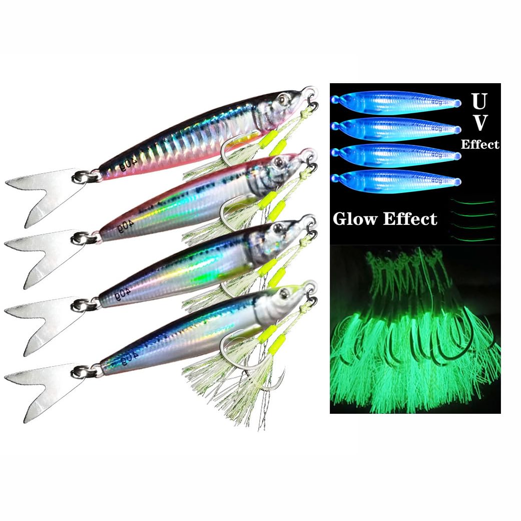 Feianoto 4PCS Long Cast Slow Pitch Vertical Jigs Saltwater Artificial Fishing Lure UV Glow Jig Metal Spoons Hard Jigging Bait with Glow Skirt Assist