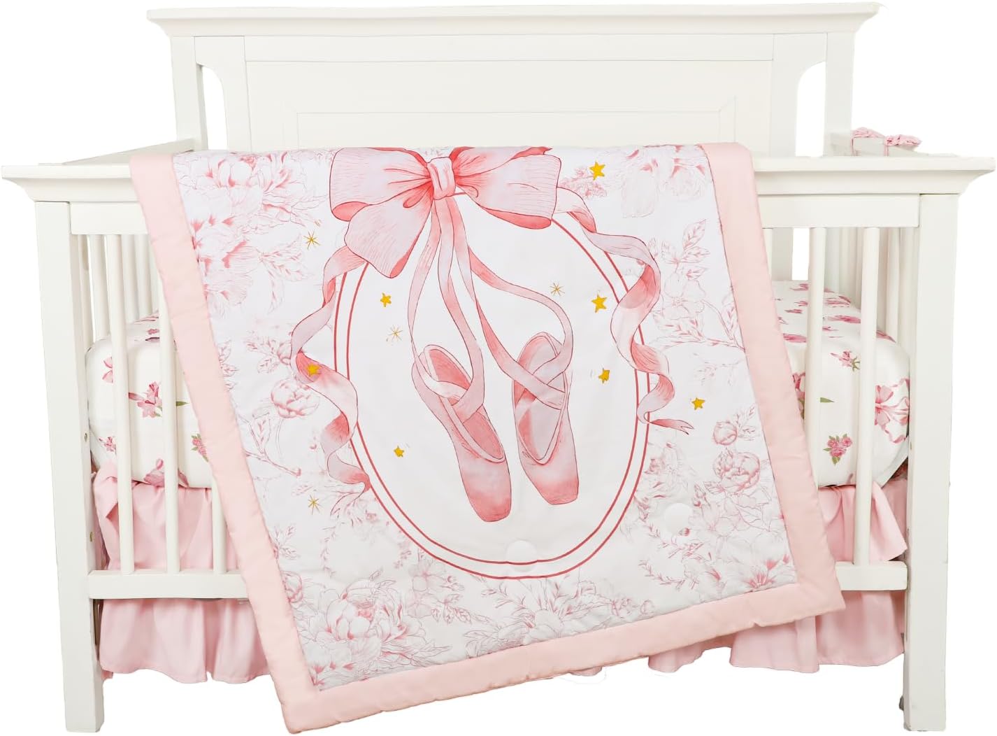 4-Piece Crib Bedding Set for Girls Boys, Baby Crib Bedding Set for Newborn & Infant, Neutral Nursery Bed Set Includes Comforter, Fitted Sheet, Crib Skirt, and Diaper Stacker, Pink Ballet