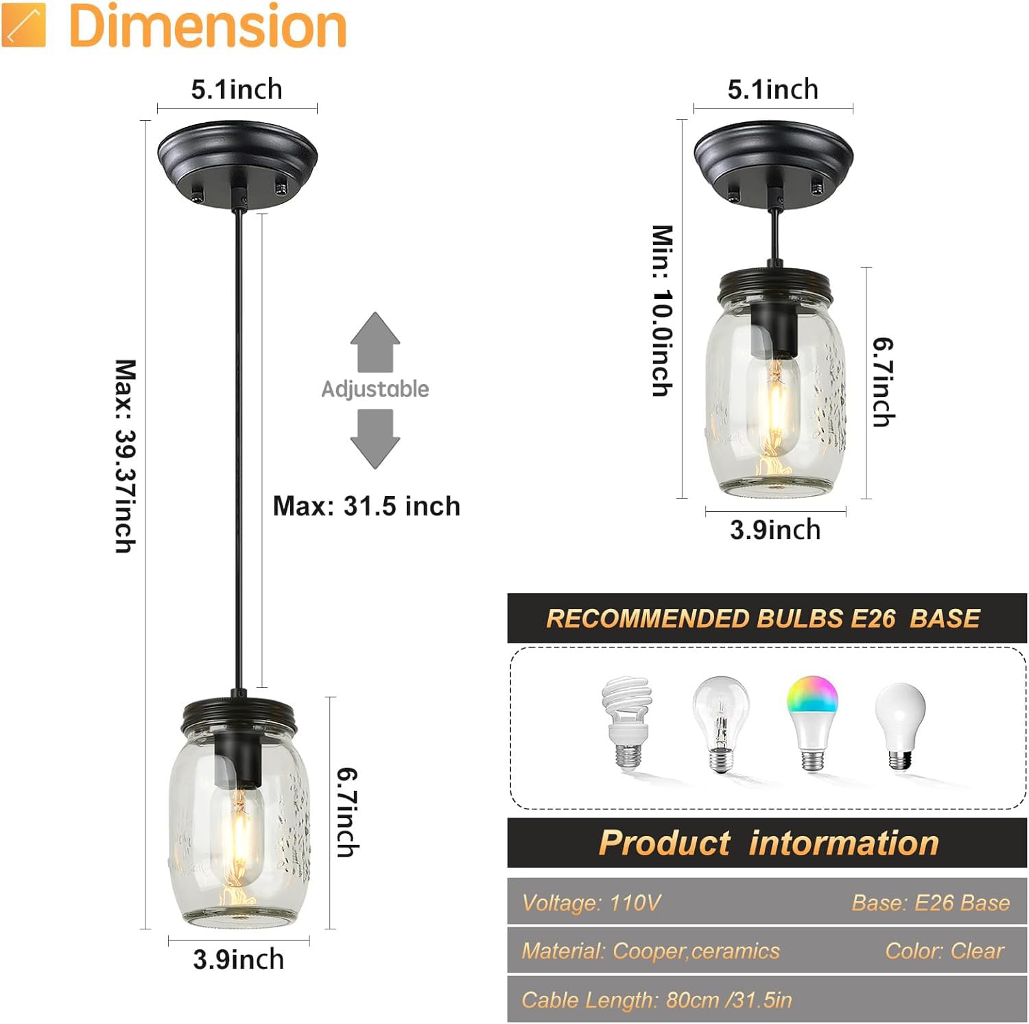 TinHon Glass Mason Jar Light Fixtures, 1-Light Kitchen Island Lighting, Farmhouse Pendant Lights Kitchen Island, Adjustable Black Hanging Lights for Kitchen Over Sink Dining Room