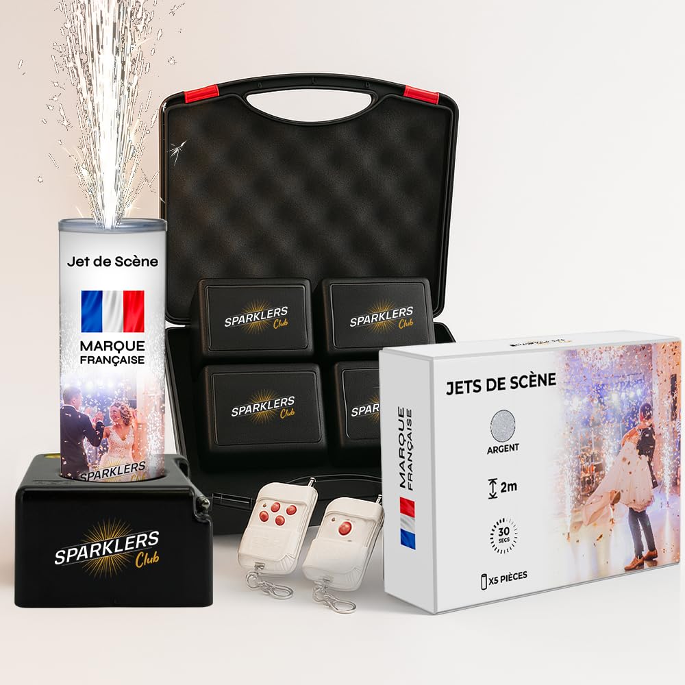 Pack Mariage 4 Déclencheurs + 5 Jets de Scène 3 Mètres / 30 Secondes + Télécommande pour Machine d'allumage de Jet de Scène Artifice pour Intérieur à Étincelles Lumineuses - SPARKLERS CLUB®