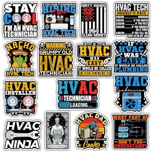 Image of MAIANEY (15Pcs-3in) HVAC Technician Sticker Pack - Funny HVAC Tech Stickers for Toolbox, Helmet, Laptop, Water Bottle, Work Gear, Durable Waterproof Vinyl Decals Gift for Mechanics