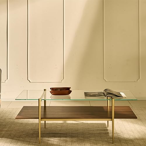 Miniatura 40 de Saint Mossi Tadio - Mesa de centro de vidrio de doble capa para sala de estar, estante inferior de MDF marrón y café Vidrio marrón y marrón