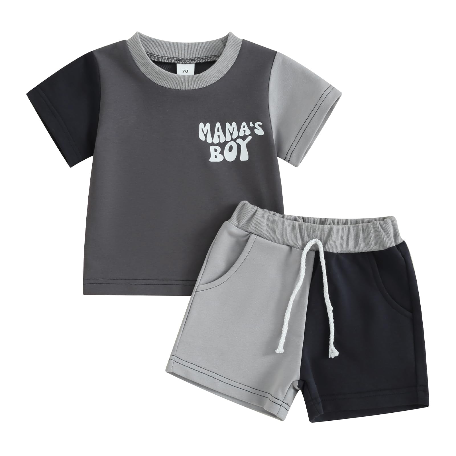 Mamas Boy Baby Clothes Mama's Girl Baby Outfit Short Sleeve T -Shirt Top Color Block Shorts Set Toddler Summer 2pcs (A Mama's Boy Grey, 18-24 Months)