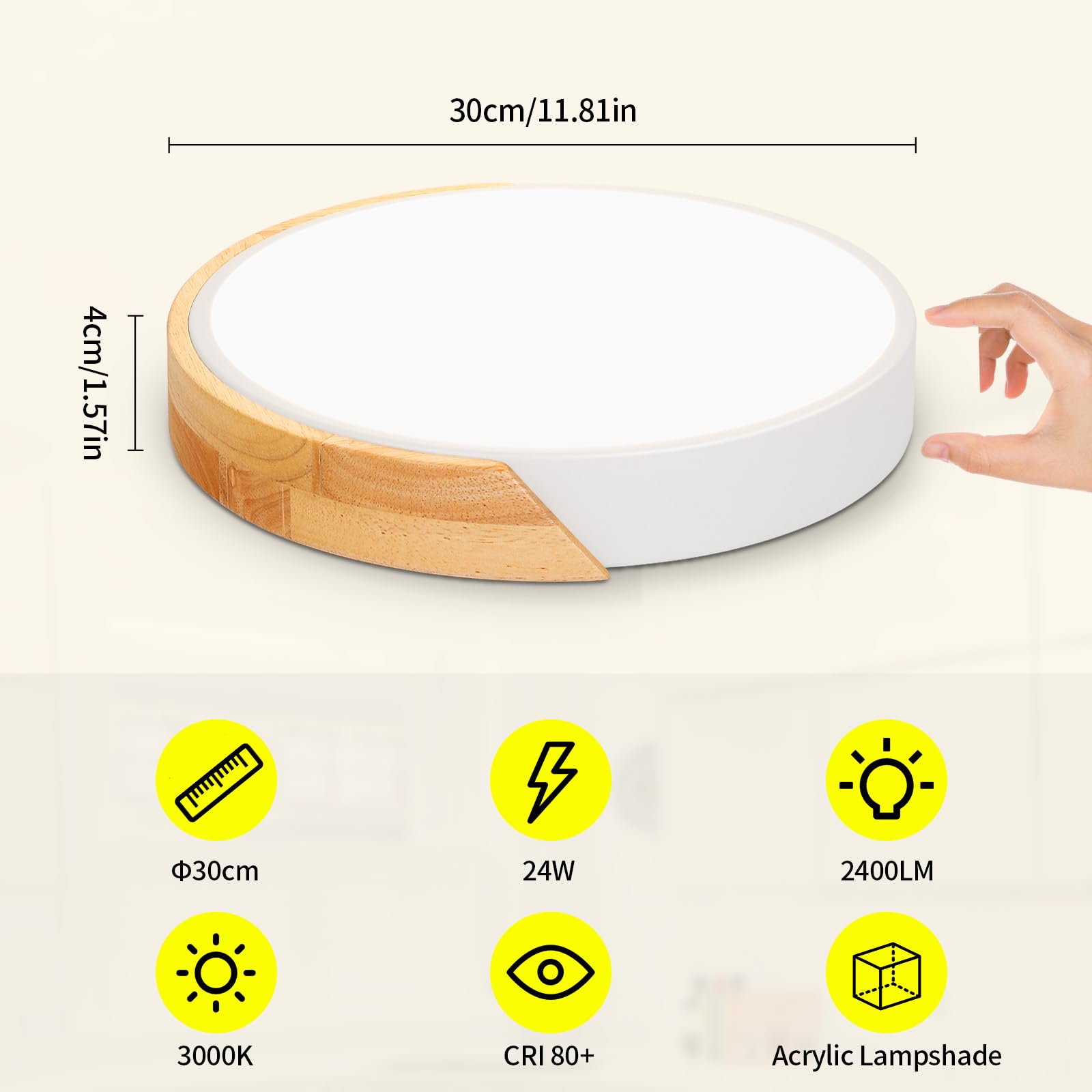 Kambo Plafón LED Redondo de Madera 24W 3000K- Lámpara de Techo Moderna Interior Blanco 2400LM Ø30cm, Luz iluminación para Cocina Salón Dormitorio Oficina Pasillo