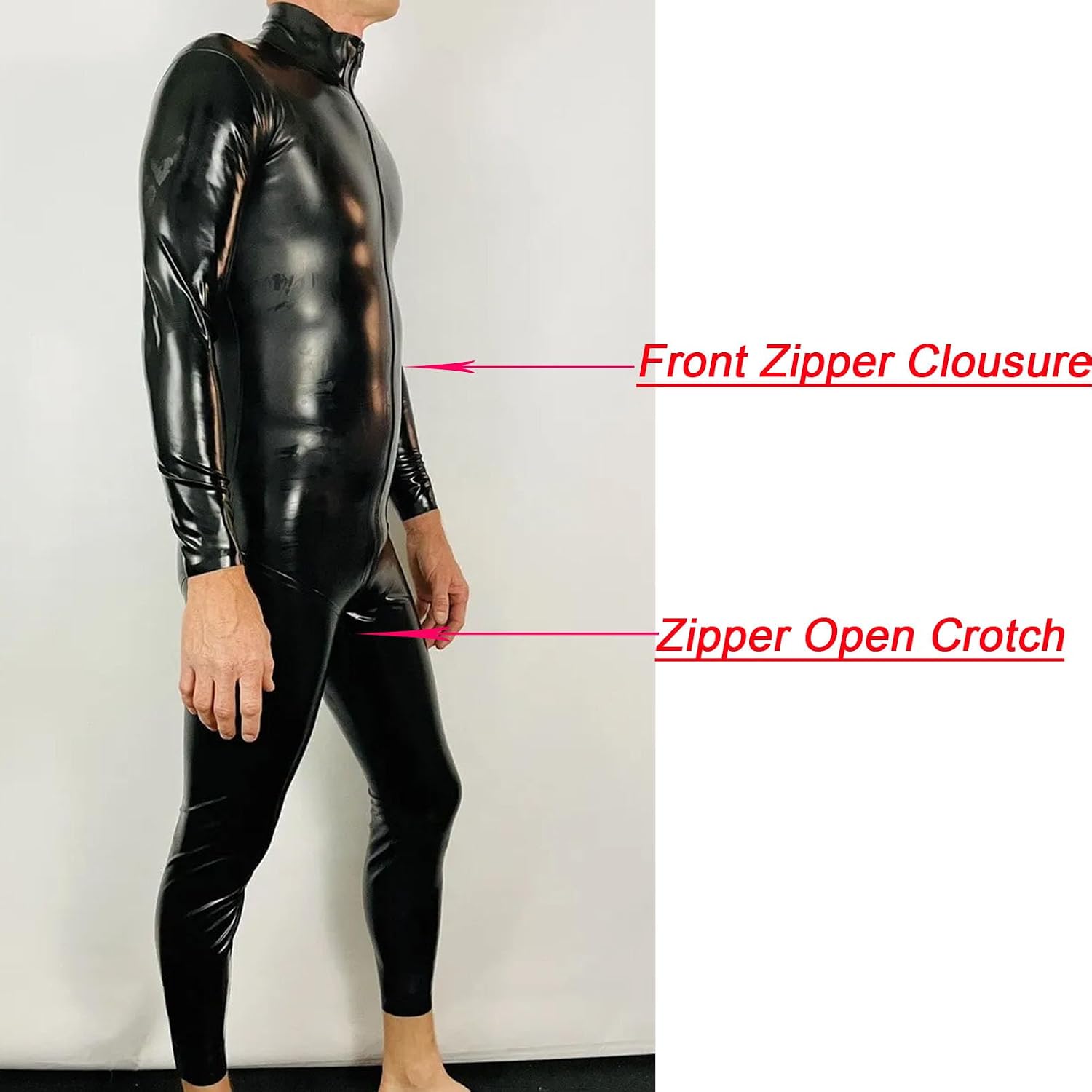 Men's Shiny Wetlook PVC Catsuit Crotch with Zipper Bodysuit Long Sleeve Full Body Leotard Clubwear