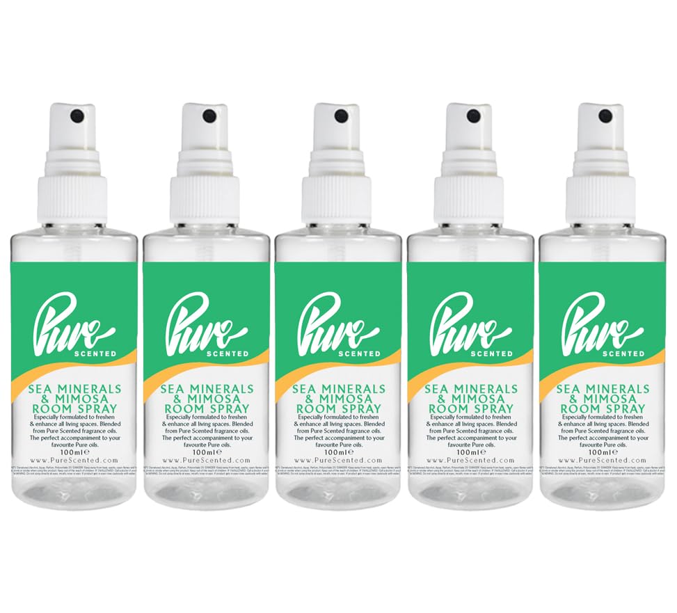 "Pure Scented 500ml Room & Fabric Sprays 5 x 100ml Suitable For Home, Car, Caravan, Work, Gym Bags, Odour Eliminators (5 x 100ml, Sea Minerals & Mimosa)"