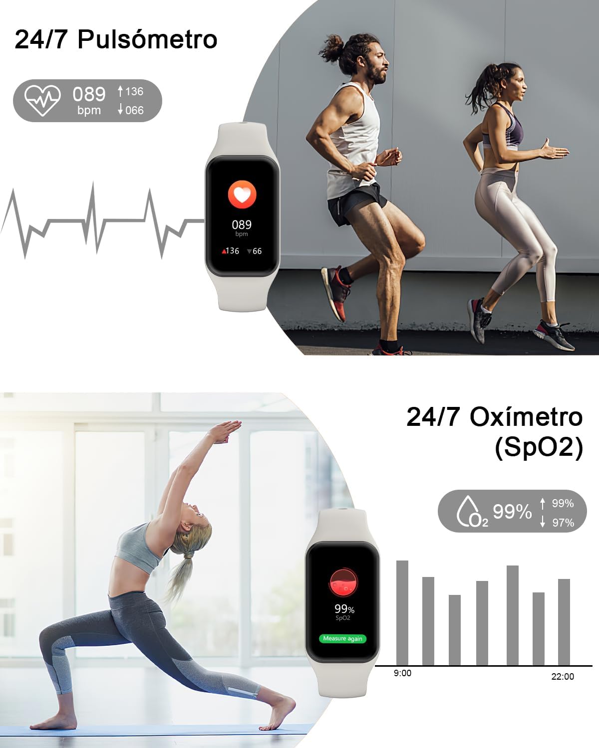 IOWODO R1 Smartwatch Uomo Donna con ossimetro (SpO2) Monitor Contapassi frequenza cardiaca Sonno Pedometro,Smart Watch Donna Uomo con notifica messaggi,IP68 Impermeabile per Android iOS (2 Cinturini)