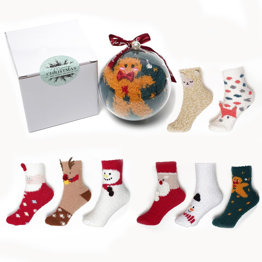 8 Pair - Christmas Fuzzy Socks Gift Set in Box, Cozy Winter Socks for Women, Kids, Grandparents, Grandkids with Transparent Ball, Cozy Fluffy Slipper Socks – Holiday Decorations & Stocking Stuffers