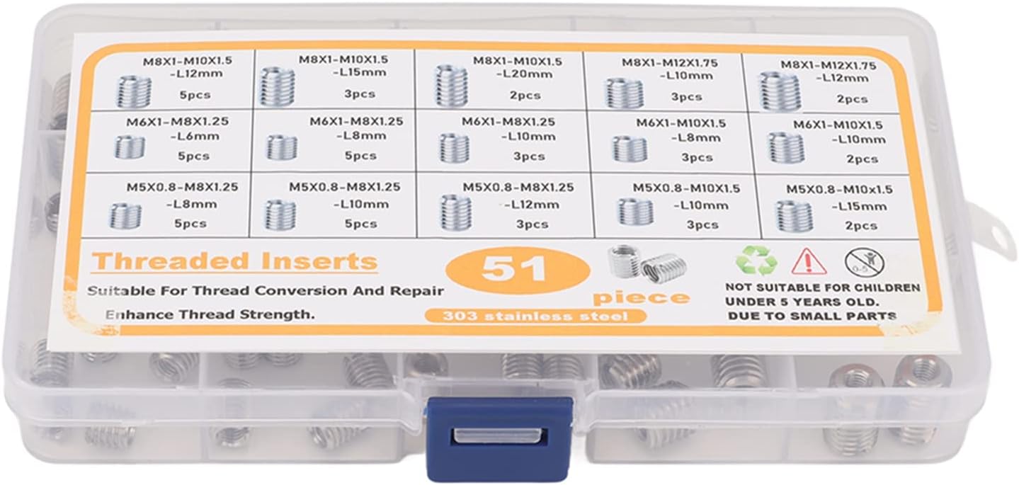 Thread Repair Insert Assortment Kit M5 to M8 Stainless Steel Screw Thread Repair Insert with Storage Box