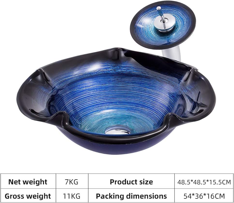 Round Hat Shape Tempered Glass Bathroom Vessel Sink Counter Top Installation Modern Artistic Vanity Sinks Glass Vessel Sink with Pop up Drain,Blue