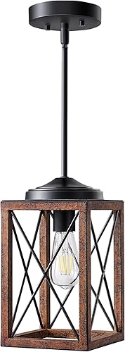 Miniatura 8 de DEWENWILS Lámpara colgante de granja, lámpara colgante de metal con acabado de grano de madera, tubos ajustables de 48 pulgadas para techo plano y