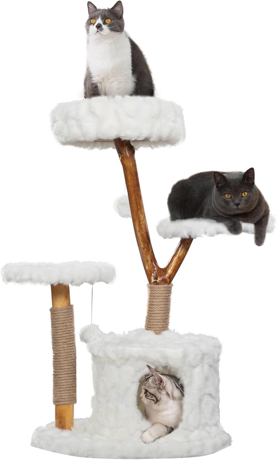 COZIWOW Cloud Cat Tree Tower, Solid Natural Wood Branches, Modern, Aesthetic, Unique, Cat-Approved, 34" L x 17.7" W x 41.7" H, White