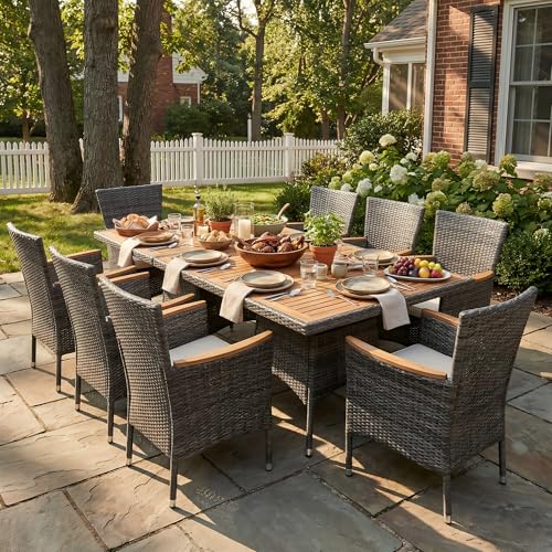 Image of Wisteria Lane 10-Pieces Outdoor Patio Table and Chairs, Rattan Patio Table Set with Acacia Wood Tabletop, Patio Dining Furniture Set for 8 with Removable Cushions for Deck Garden Backyard, Grey