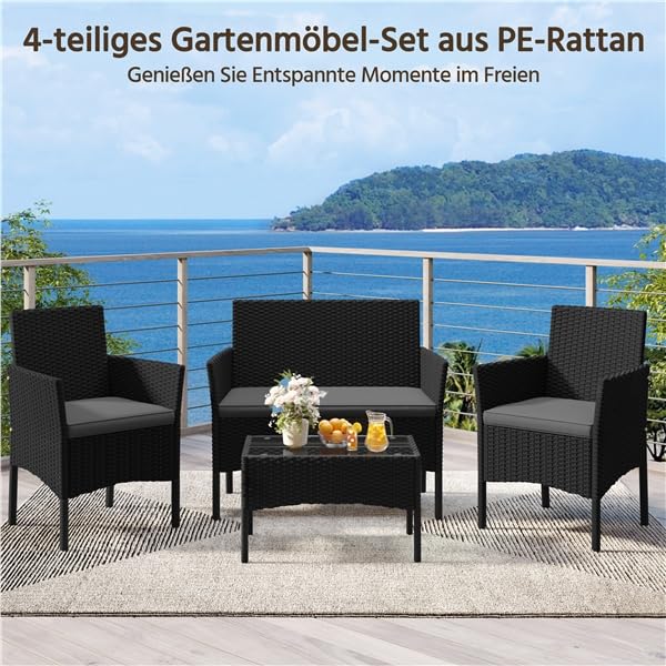 Yaheetech Rattan Gartenmöbel-Set, 4-teilig, Outdoor Lounge Möbel, Tisch, 2 Stühle, 2-Sitzer-Bank, mit Outdoor Kissen wetterfest, Terrassenmöbel, für Terrasse (Schwarz (Rattan) & Grau (Kissen))