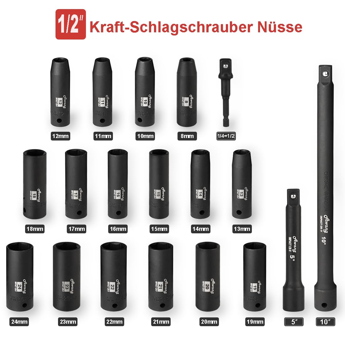 Awang Kraft, set di dadi per avvitatore a percussione, 1/2", 8-24 mm, con asta di prolunga da 5,10", 1/4 Adatper, 19 pezzi