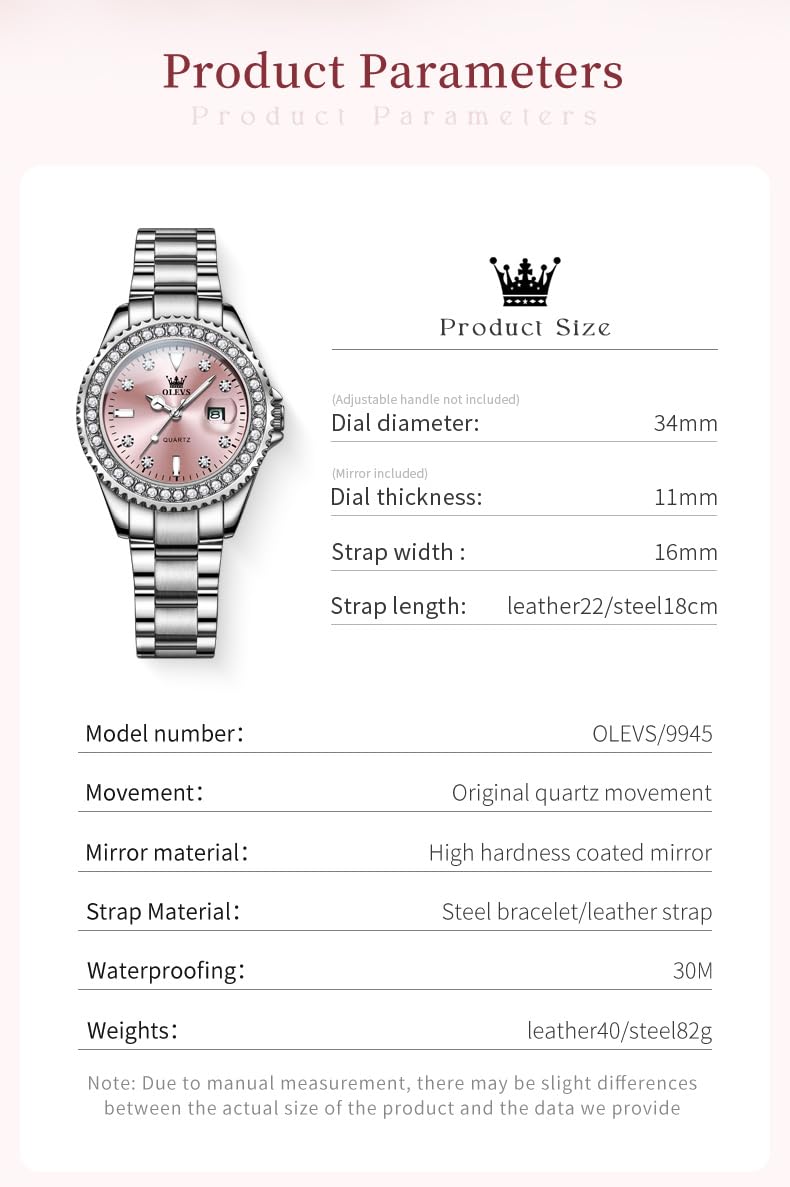 OLEVS Damen-Armbanduhr, Diamantkleid, Quarz, analog, weibliche Uhren, Edelstahl, zweifarbig, wasserdicht, leuchtend, Tag und Datum, Geschenk