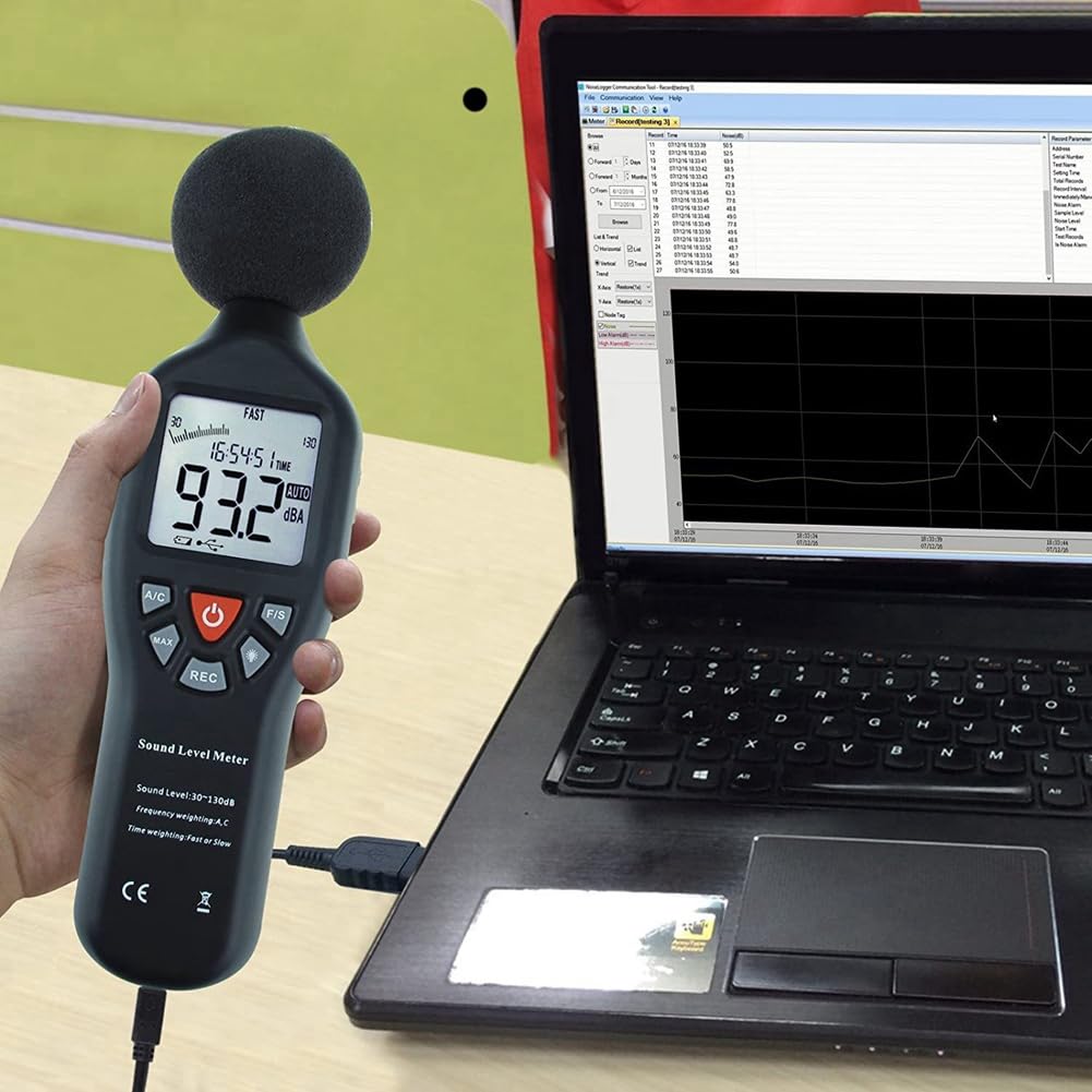 Aliaga Medidor de decibelios con sensor de ruido de alta precisión, medidor de ruido, grabadora de ruido de 30-130 dB de grabación USB