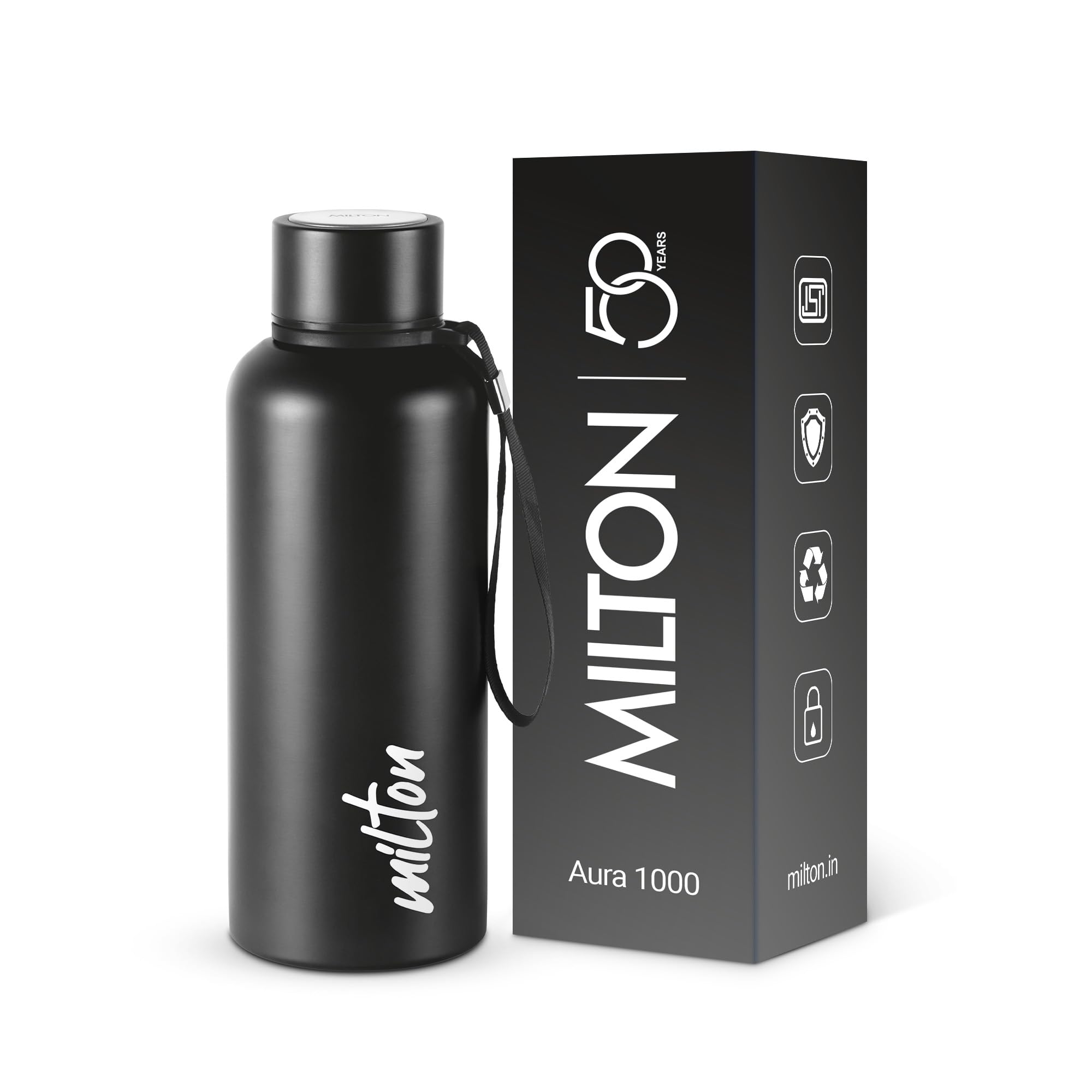 Milton Aura 750 Thermosteel Water Bottle 725 ml, 24 Hr Hot and Cold I Leak Proof Lid, ISI Certified I Vacuum Insulated I for Office, Gym, School I Black