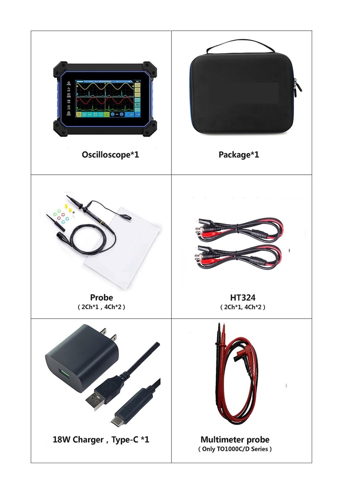 Oscyloskop, TO1254D Oscyloskop cyfrowy z ekranem dotykowym Przenośny 4-kanałowy oscyloskop USB + źródło sygnału + Tester multimetru(TO1254D)