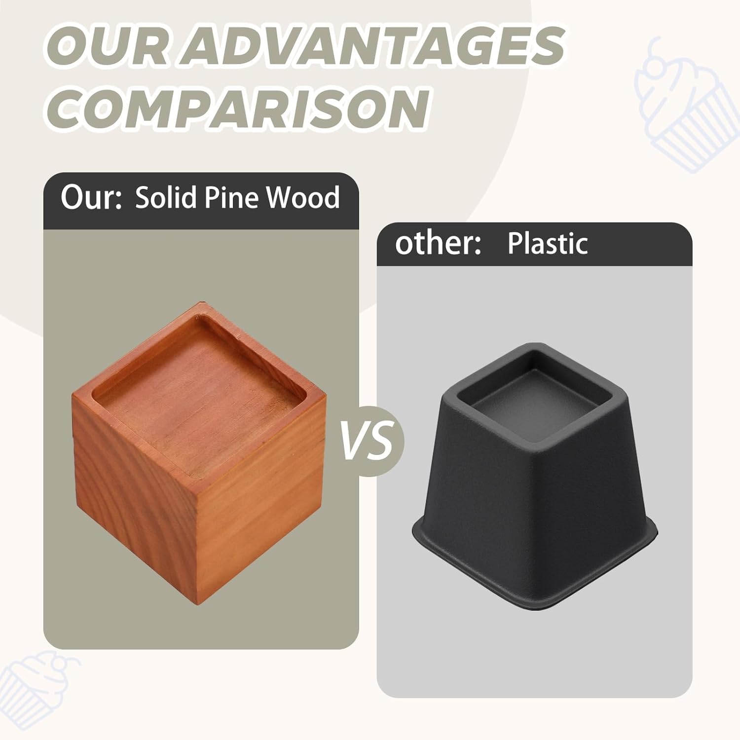 4-Inch Solid Pine Furniture Risers – 2000LBS Capacity, Tool-Free Install, Natural Wood Design for Beds, Sofas & Desks (4 Inch)