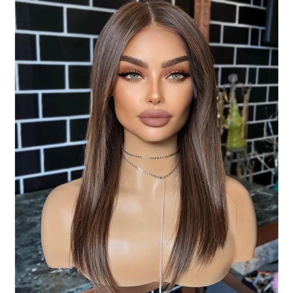 Ombre Colored Layered Cut Wig Chocolate Brown with Blonde Layered Cut Straight Human Hair Wig Pre Plucked Silky Straight13X4 HD Transparent Glueless Lace Front Wig with Bleached Knots 150 Density