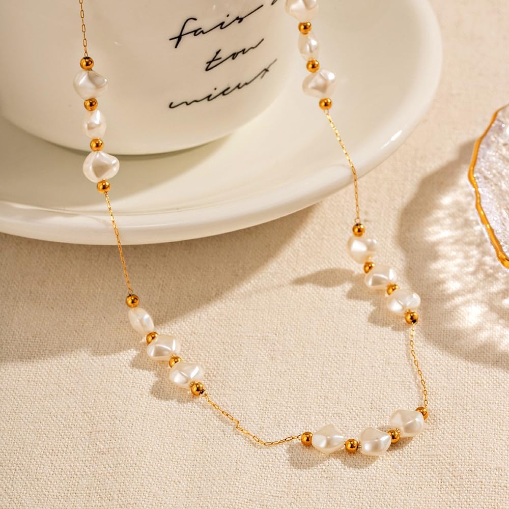 Pearl Necklace for Women,Festival 18K Gold Vermeil Choker Necklace Beach Necklaces Birthday gifts for Women Handmade Jewelry for her - Image 3
