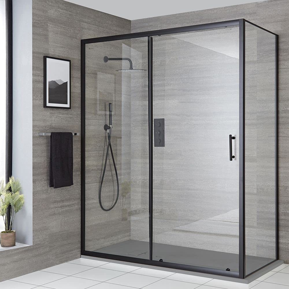 Milano Nero Black Corner Walk in Sliding Door Shower Enclosure Grey Tray - 1600mm x 800mm