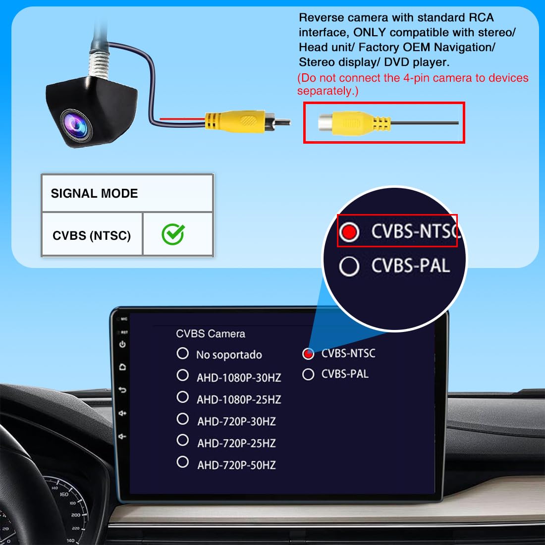 Parkvision Cámara Marcha Atrás Coche 12-24V NTSC, Material metálico | Mando 1 botón, doble vista frontal/trasera, 5 niveles brillo, 4 guías aparcamiento, ajuste 5°/10°