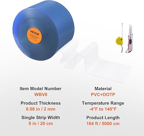 Miniatura 7 de VEVOR Cortina de tiras, 164 pies de largo x 8 pulgadas de ancho x 0.08 pulgadas de grosor, rollo de tira de cortina lisa de PVC transparente para