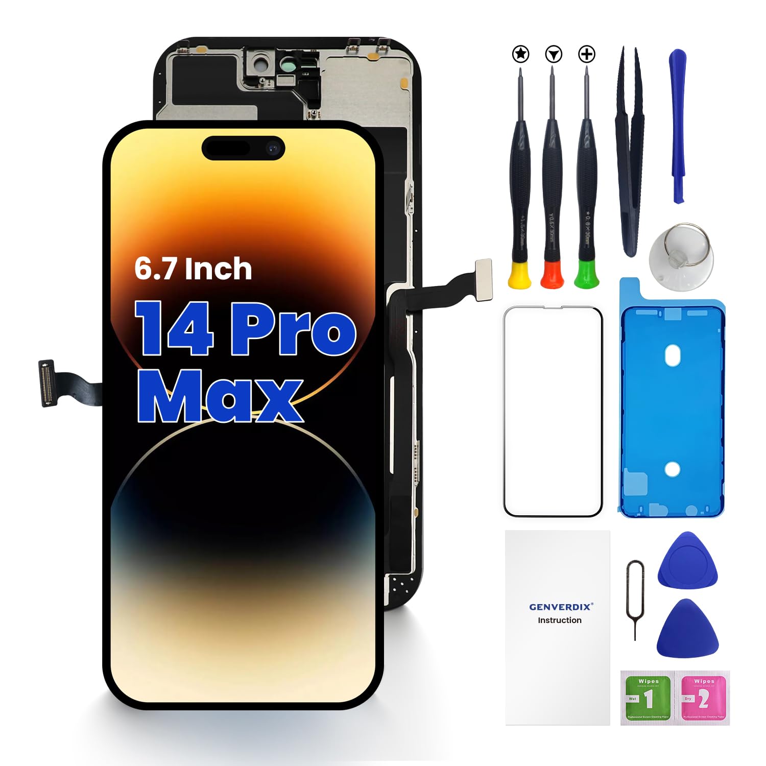 Genverdix Schermo per iPhone 14 PRO Max – Kit di Riparazione FHD DIY 3D Touch Display da 6.7 Pollici, Completamente Compatibile con Face ID, Colori Vivaci, Alta Risoluzione