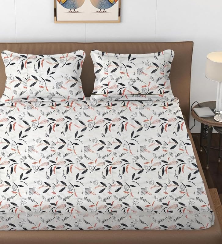 Image of Bedsheet Bed with 2 Pillow Covers 100% Cotton 144 TC |Chadar - Flat Sheet with 2 Pillow Covers - Black Leaf Double